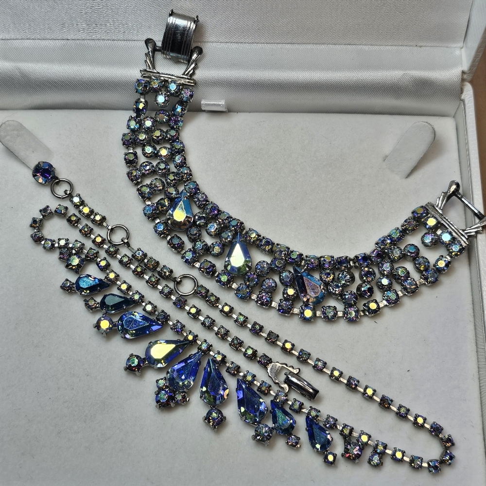 Crystal Statement Necklace and Continental Bracelet Set in AB Blue